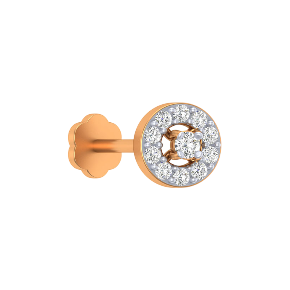 Yellow gold and diamond stud nosepin accents on a white background