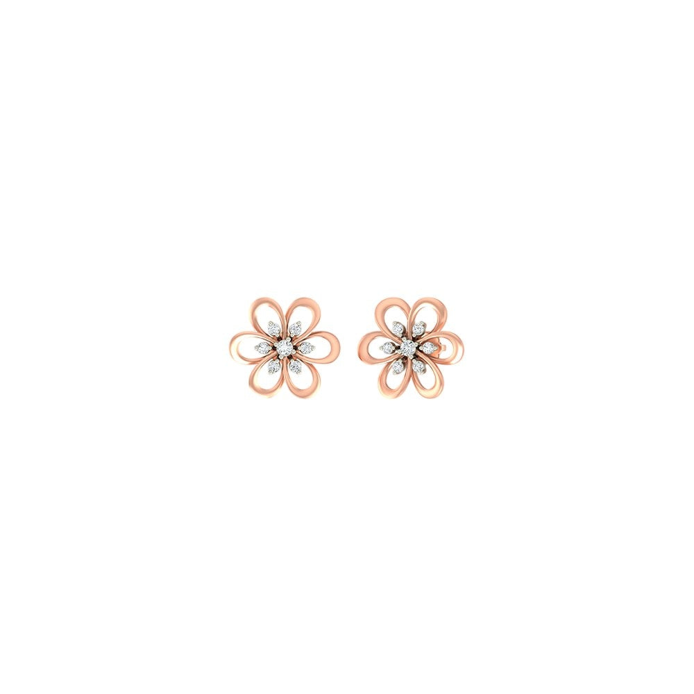 Rose gold and diamond stud earring with floral-design on a white background.