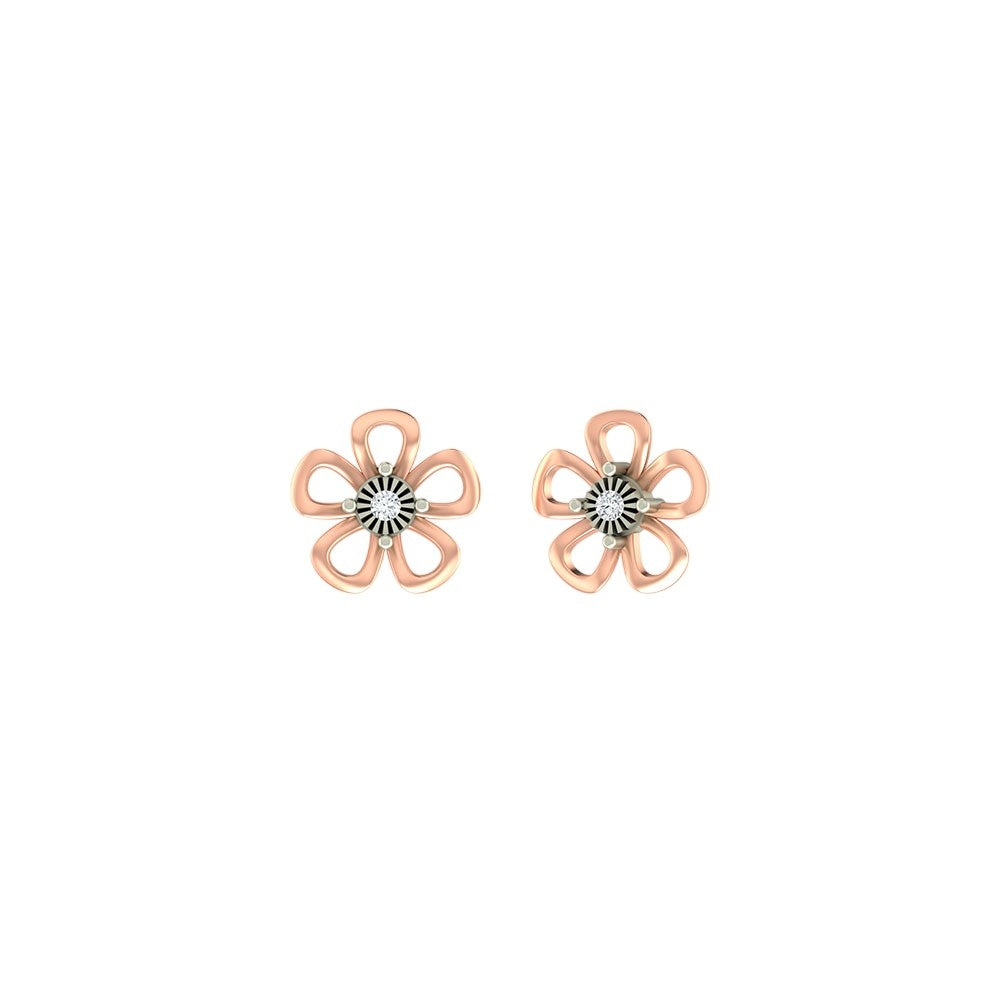 Rose gold and diamond floral stud earring on a white backgound.