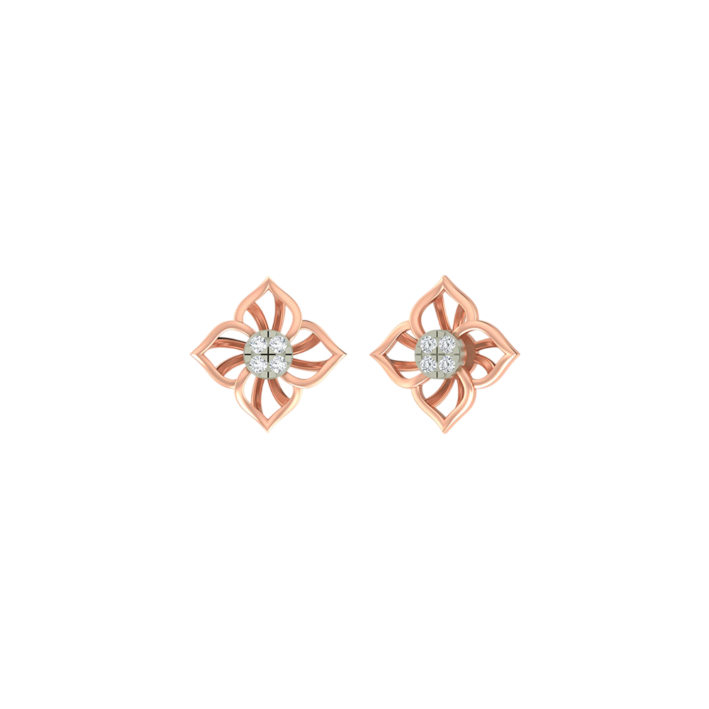 Rose gold and diamond floral stud earring on a white background.