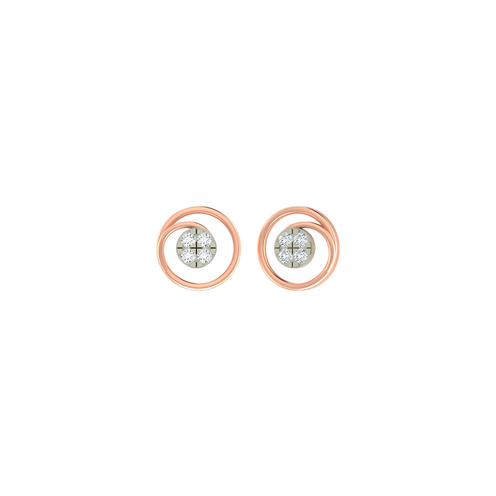 Rose gold and diamond stud earrings with circular design on a white background