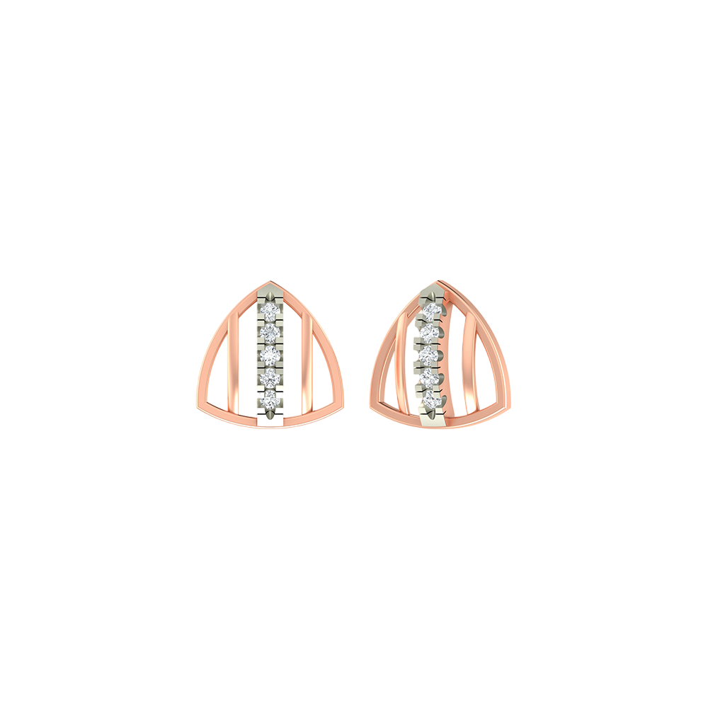 Rose gold and diamond stud earrings on a white background.