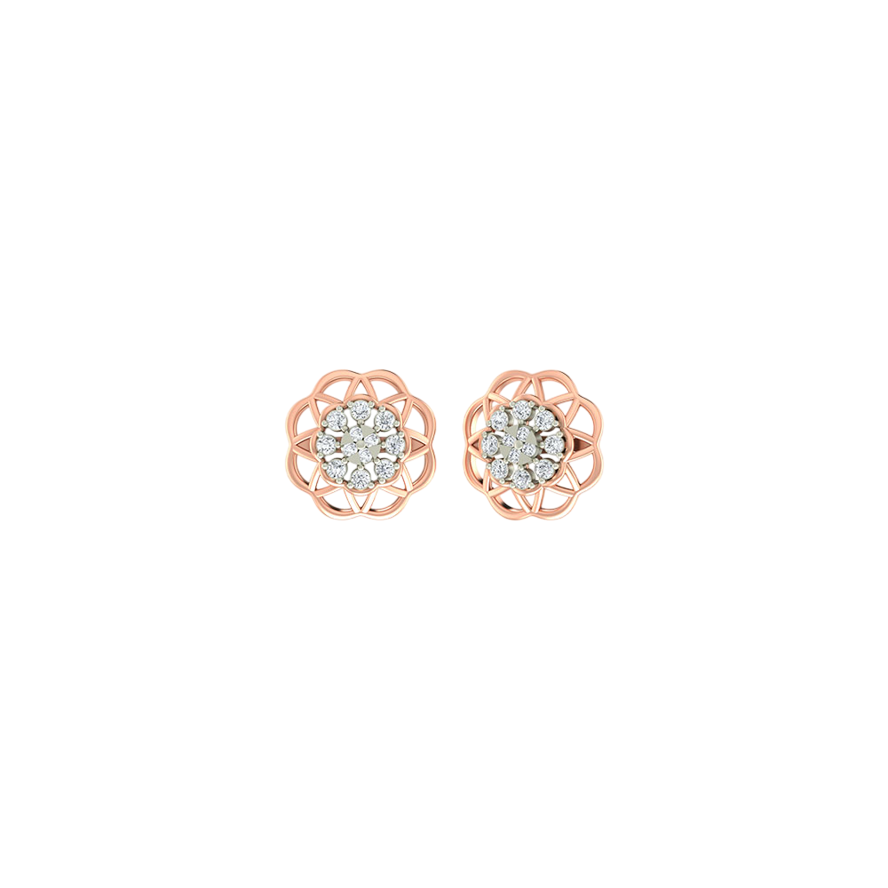 Rose gold earrings with diamond-like centers on a white background