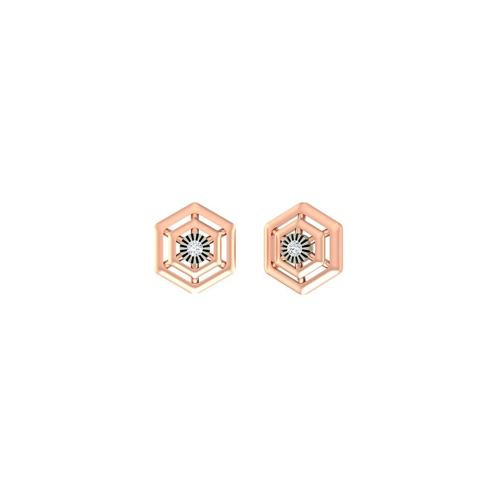 Rose gold and diamond Hexagon stud earring on a white background.