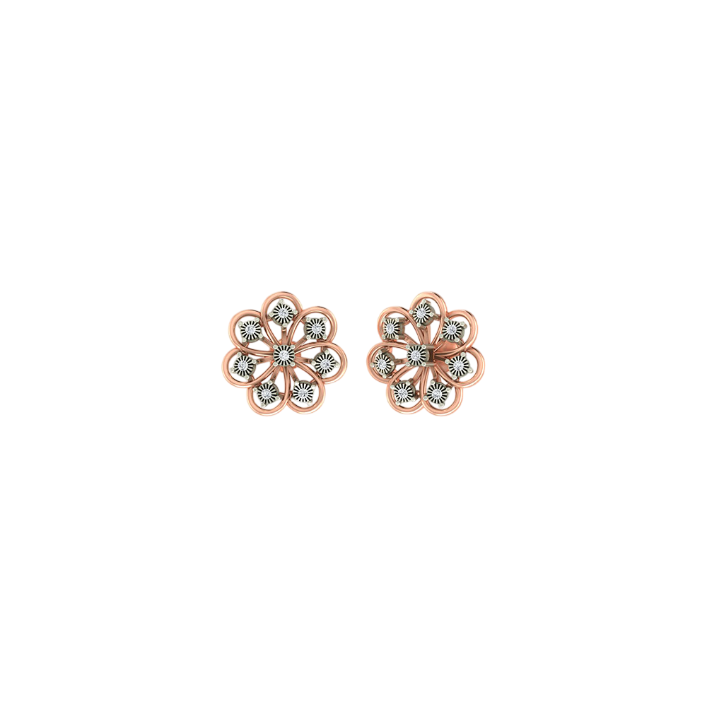 Pair of rose gold flower-shaped earrings on a white background
