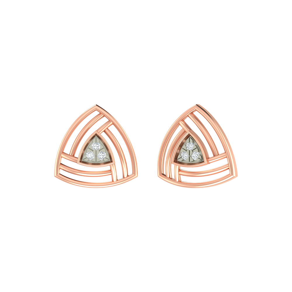 Rose gold and diamond triangular earrings on a white background