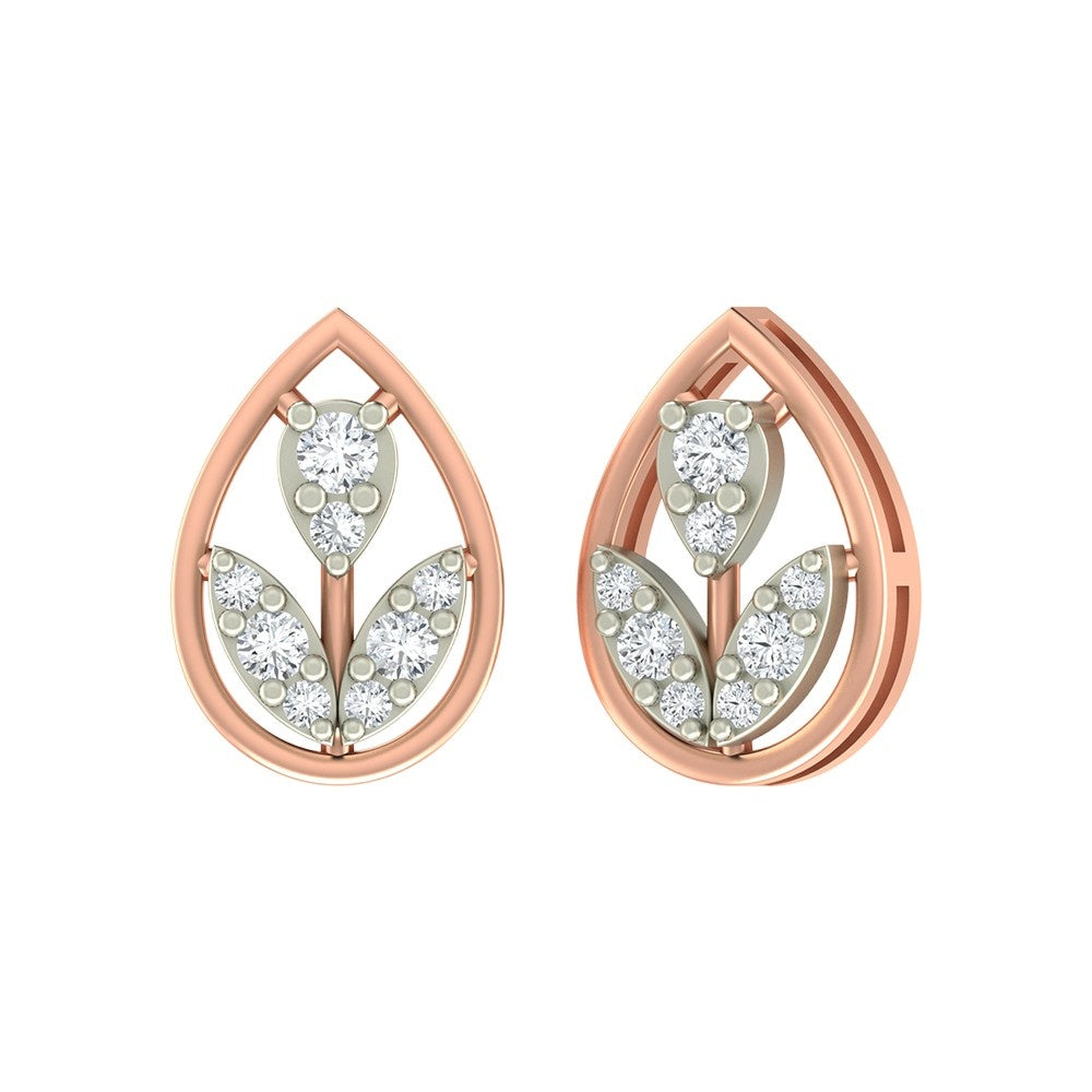 Rose gold and diamond stud earring with teardrop-shaped on a white background.