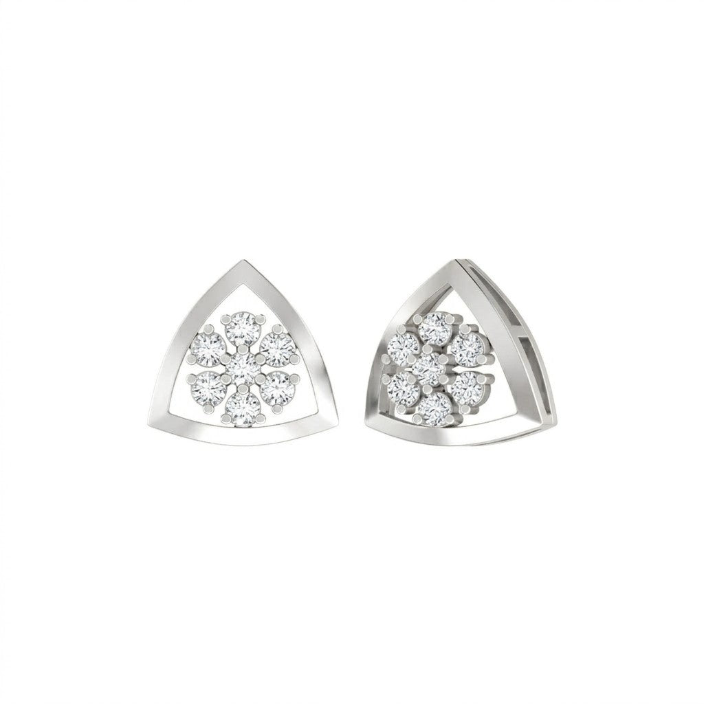 Triangular white gold earrings with diamond-like stones on a white background