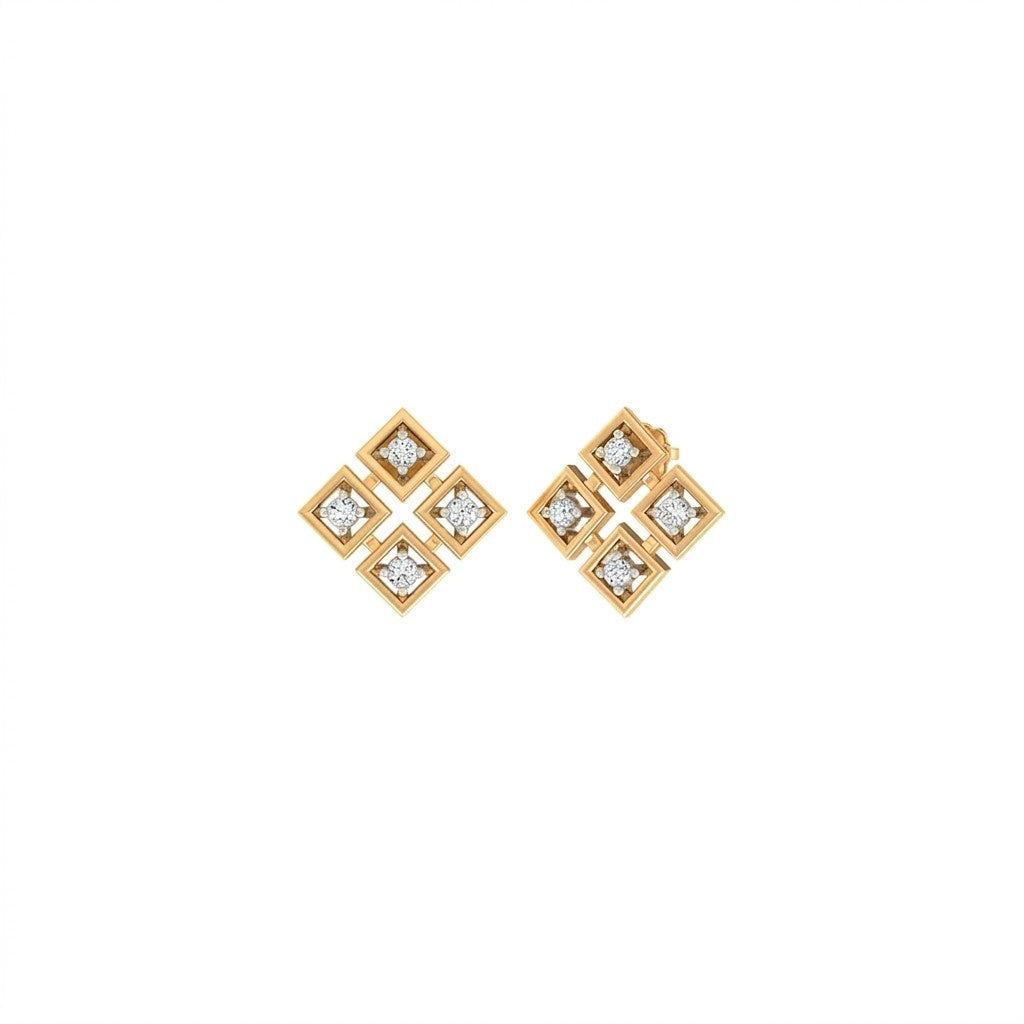 Pair of yellow gold and diamond stud earrings on a white background.