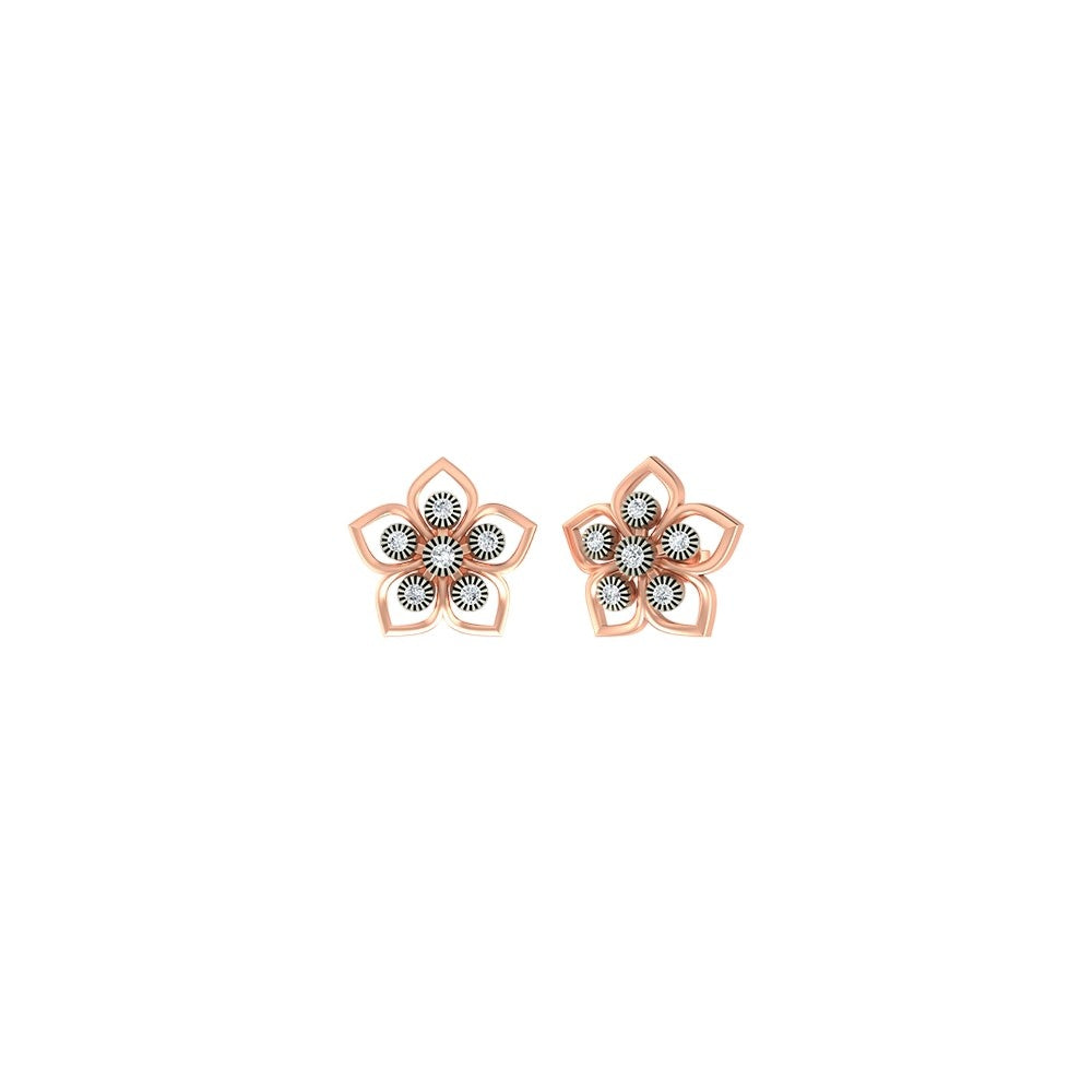 Pair of rose gold and diamond floral-design stud earrings on a white background.