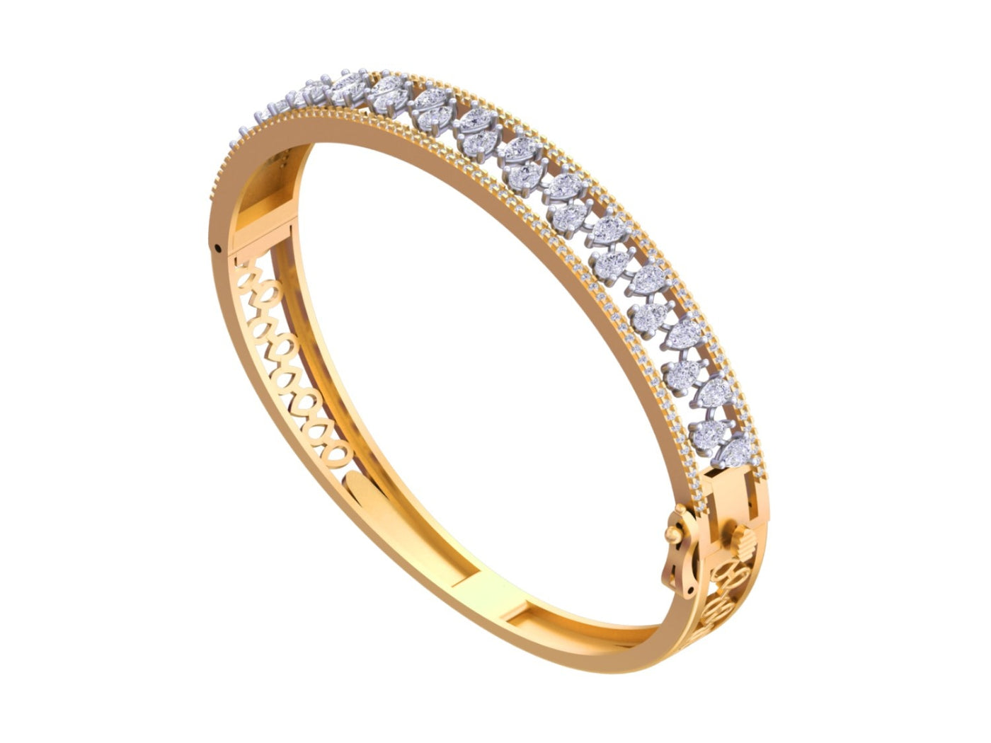 yellow Gold bangle bracelet with marquise diamond row, pavé border and decorative filigree inner band.