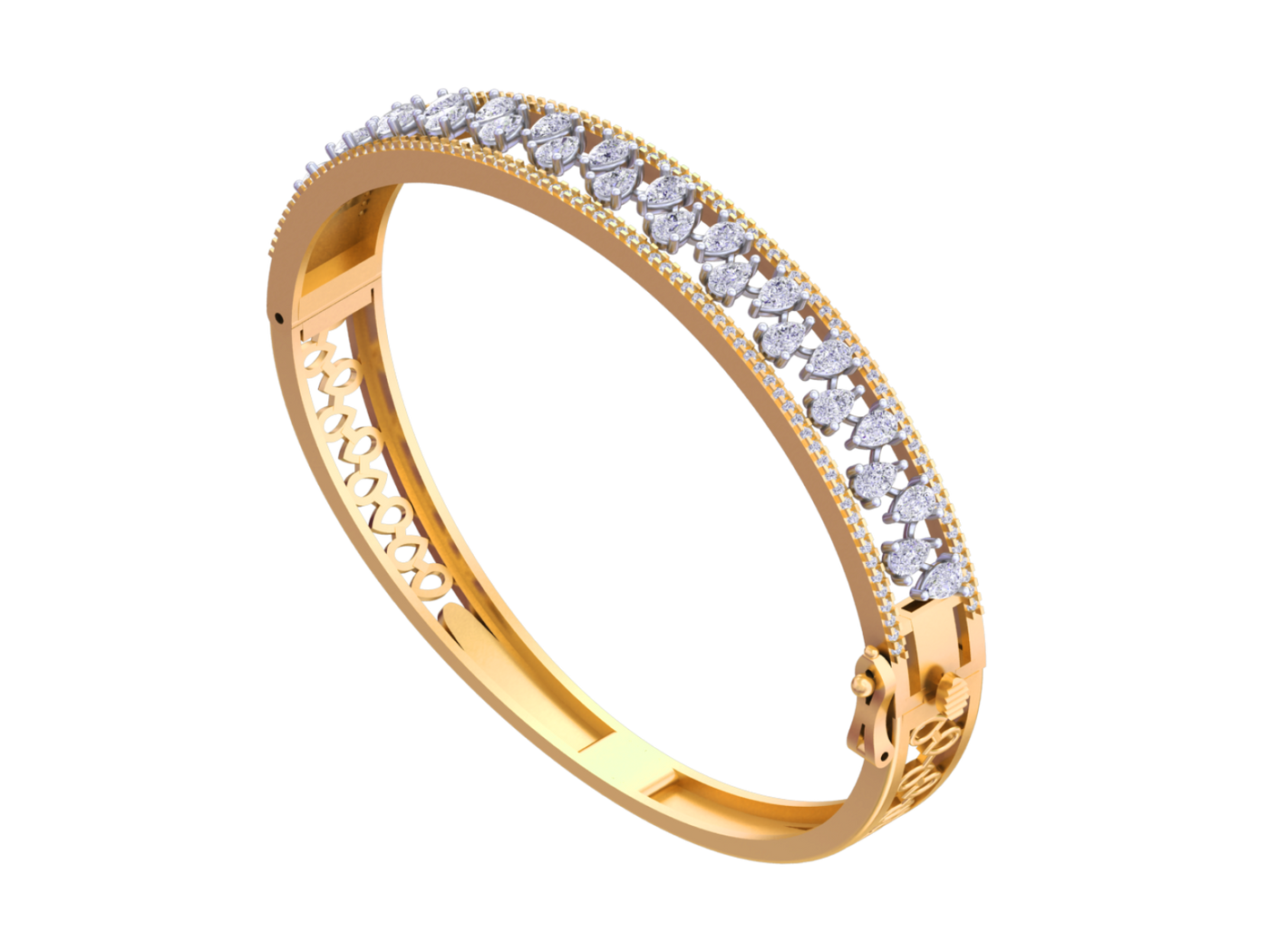 Gold bangle bracelet with marquise diamond row, pavé border and decorative filigree inner band.