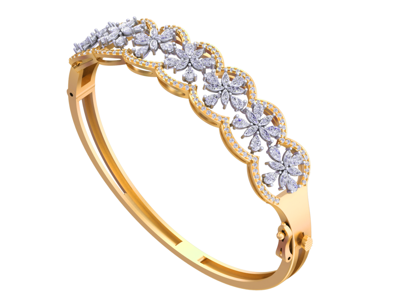 Gold bangle bracelet with open scallop frames enclosing marquise diamond floral clusters.