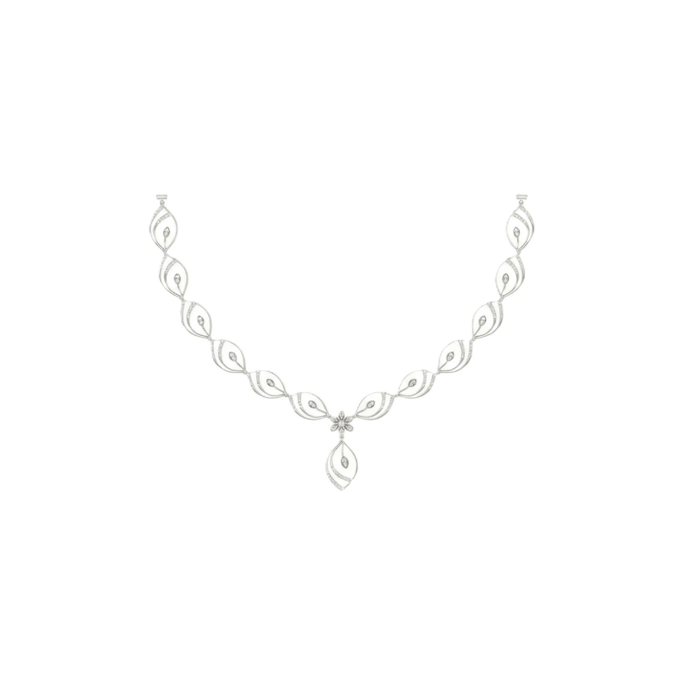 A white gold necklace featuring a leaf-shaped links with central floral design, shown on a plain white background.