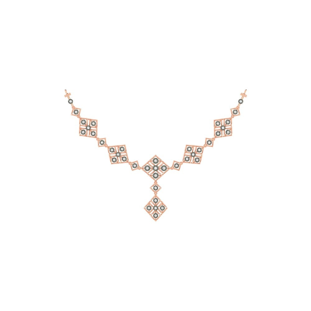 A rose gold and diamond necklace featuring repeating diamond-shaped motifs, shown on a plain white background.