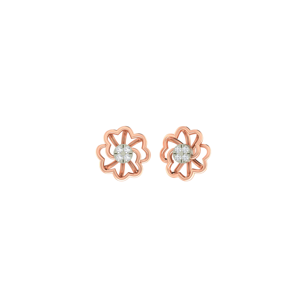 Rose gold and diamond floral stud earring on a white background.
