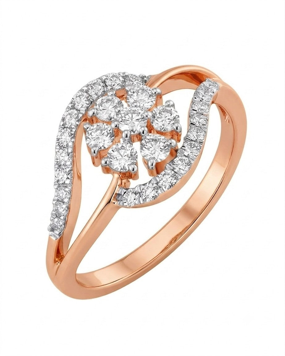 A rose gold ring featuring a curved, pavé-set diamond cluster, shown on a plain white background.