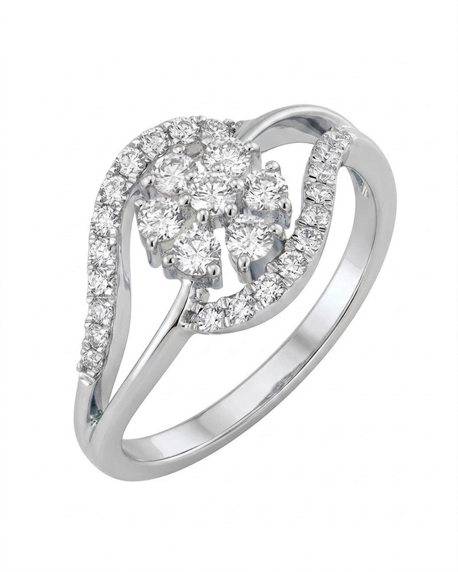 A white gold ring featuring a curved, pavé-set diamond cluster, shown on a plain white background.