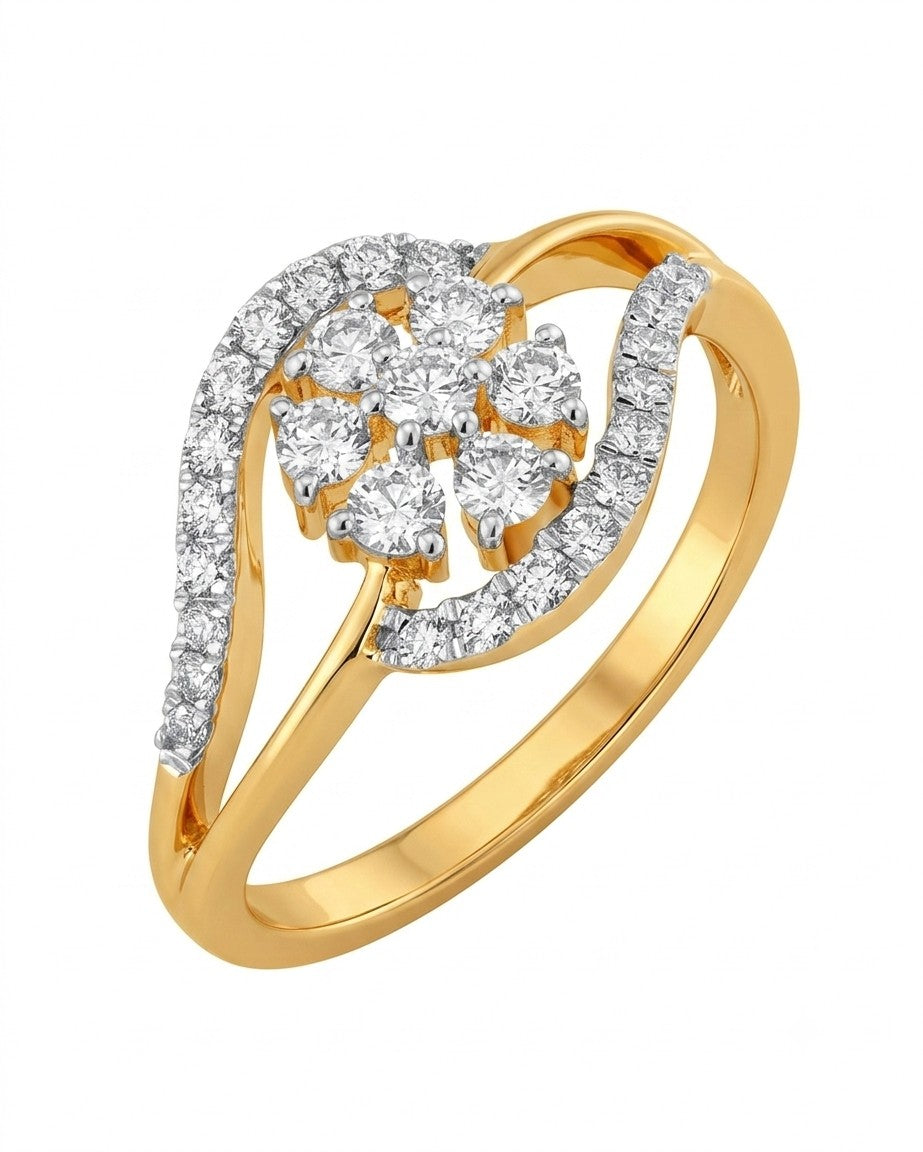 A yellow gold ring featuring a curved, pavé-set diamond cluster, shown on a plain white background.