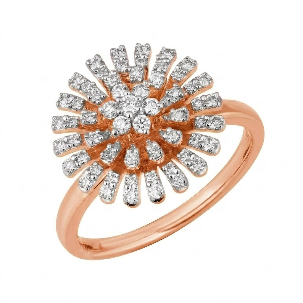 Rose gold and diamond with floral-design cluster setting on a white background.