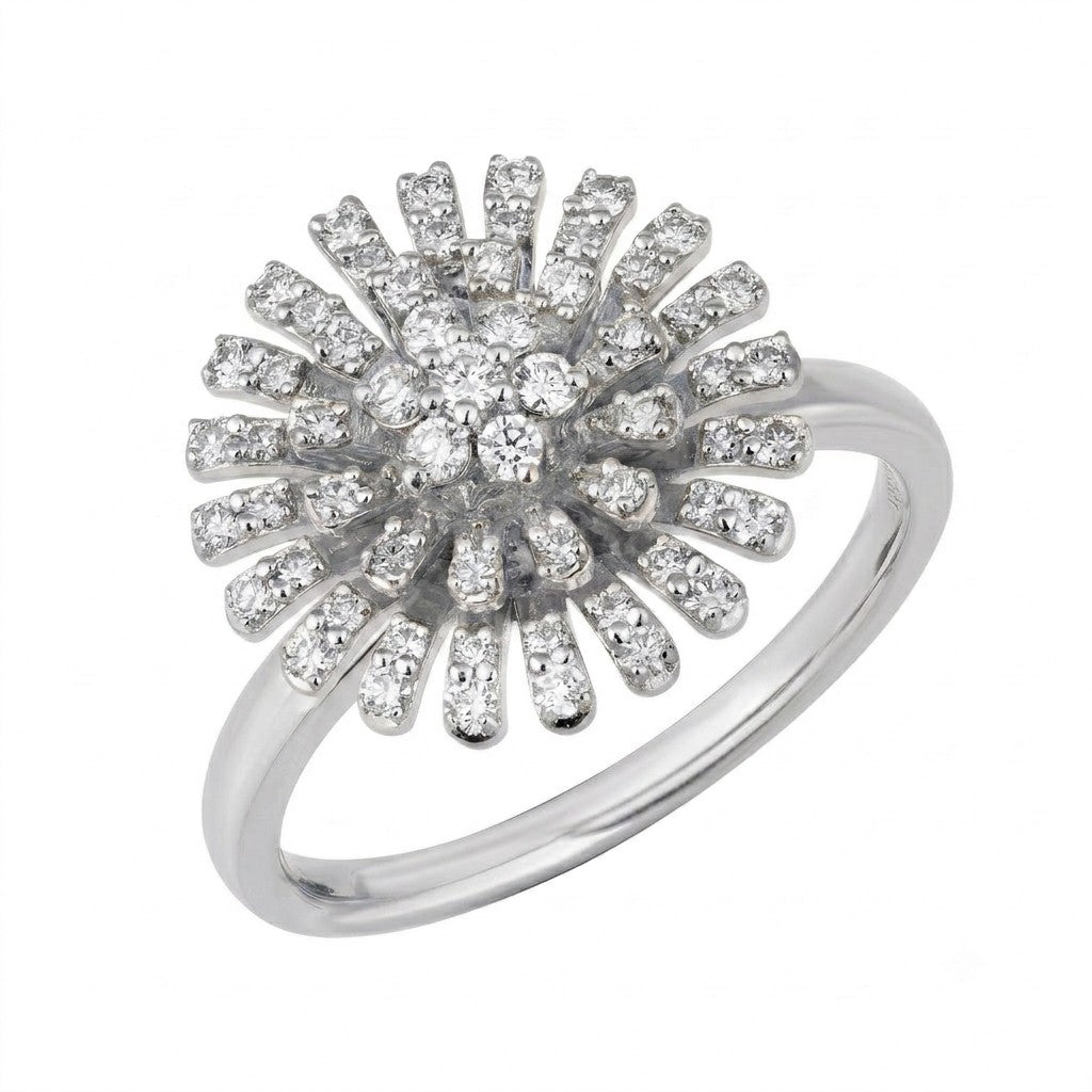 White gold and diamond with floral-design cluster setting on a white background.