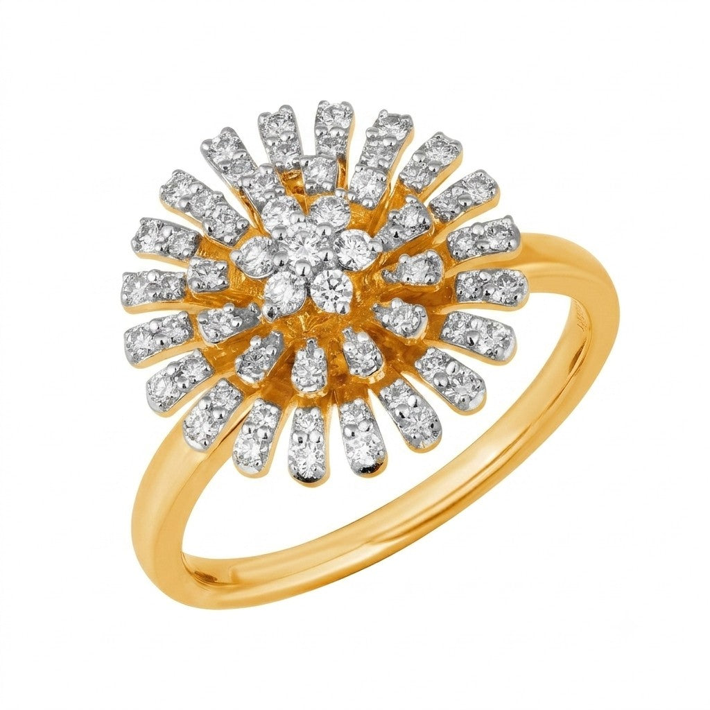 Yellow gold and diamond with floral-design cluster setting on a white background.