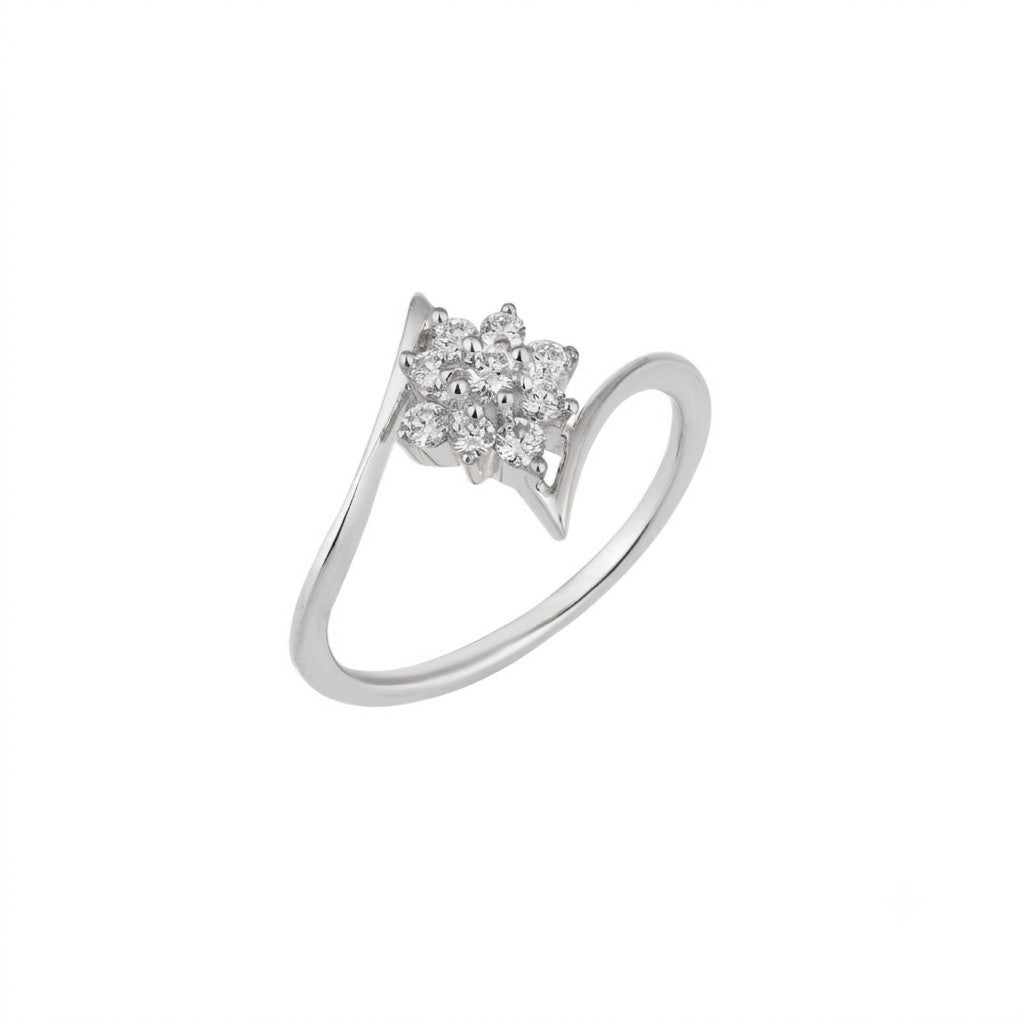 White gold and diamond with floral-design cluster setting on a white background.