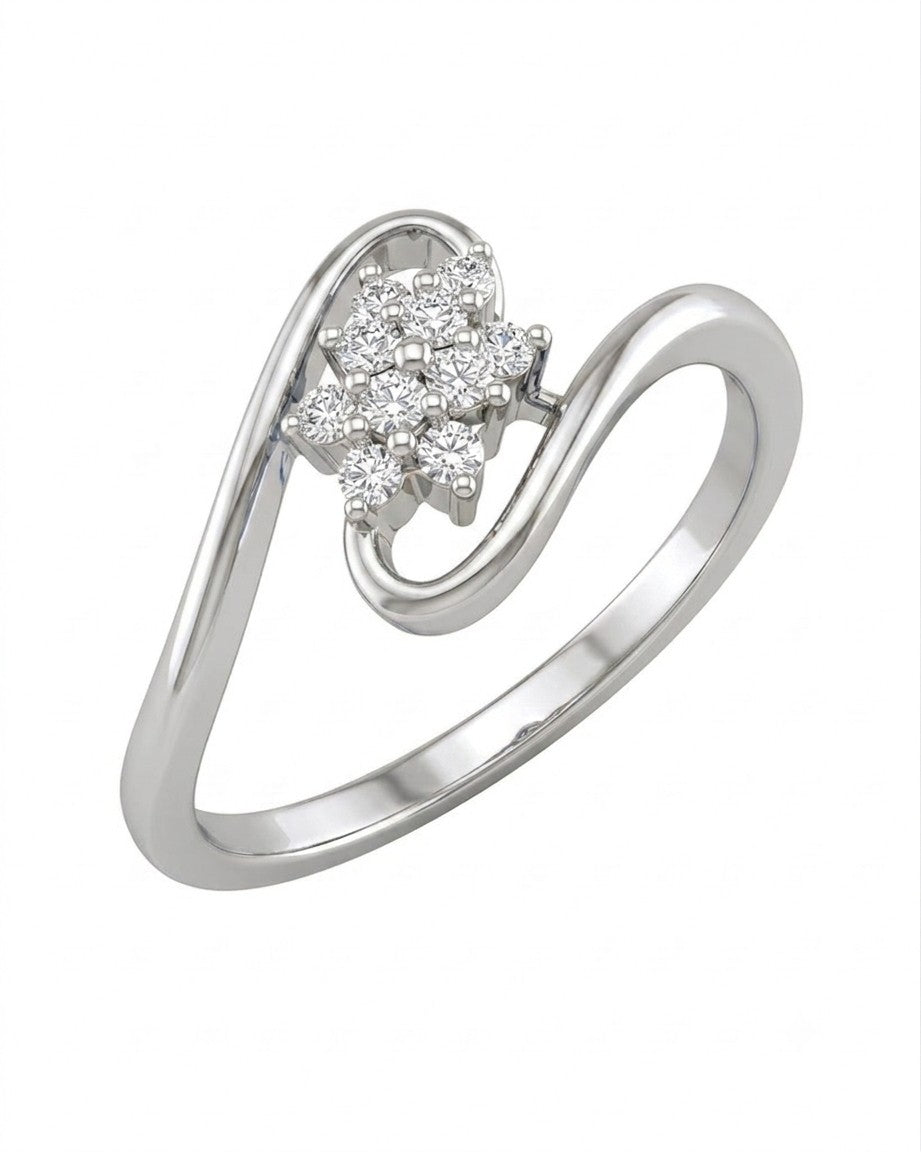 White gold and diamond with floral-design cluster setting on a white background.
