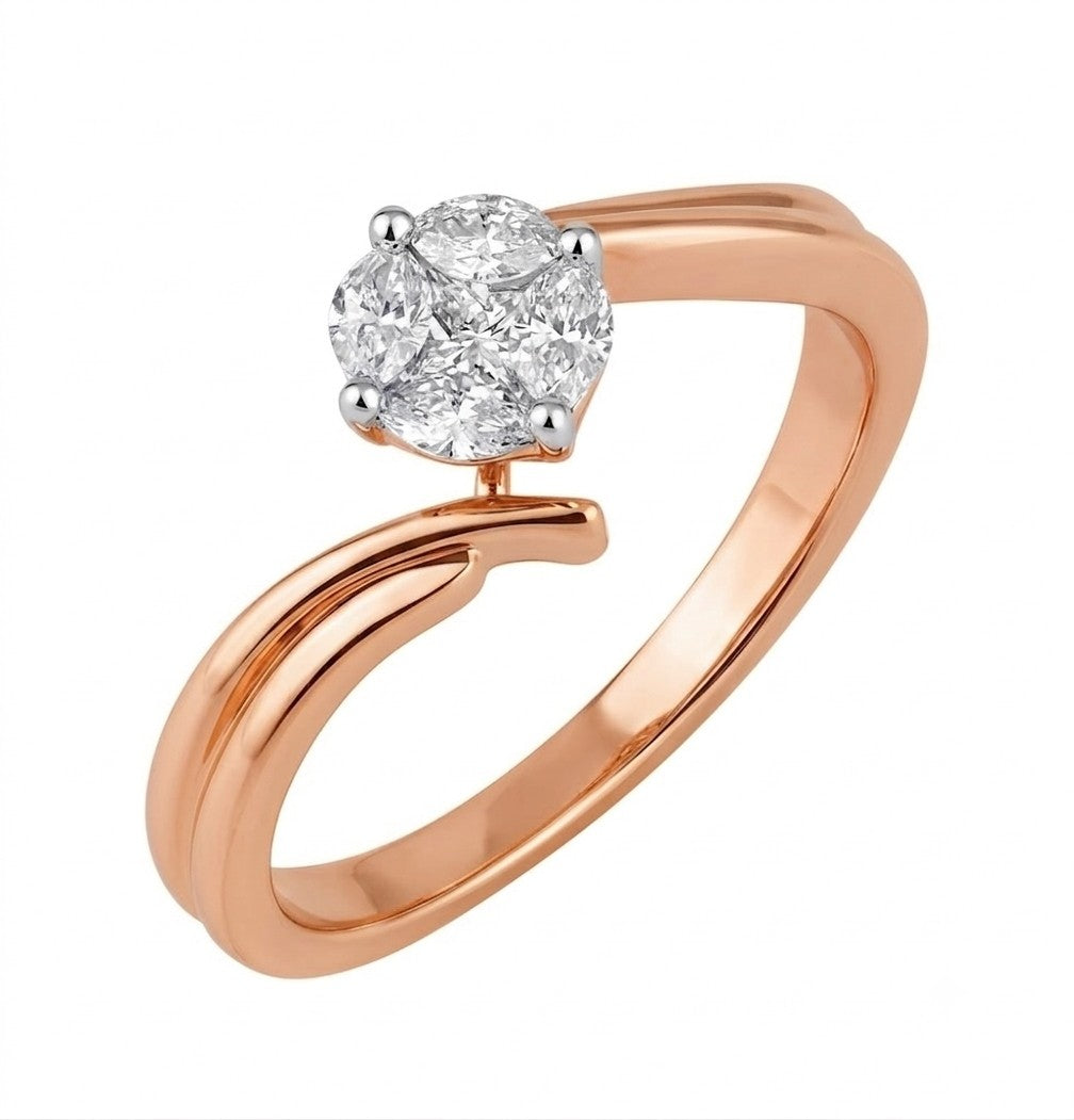 A rose gold ring with a round-cut diamond setting on a plain white background.
