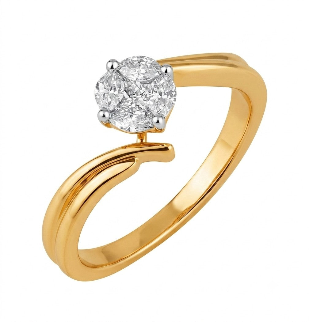 A yellow gold ring with a round-cut diamond setting on a plain white background.