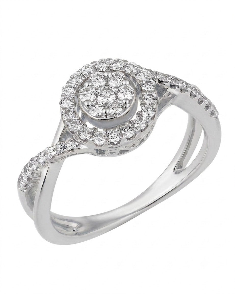A white gold ring featuring a round diamond cluster with a halo design, shown on a plain white background.