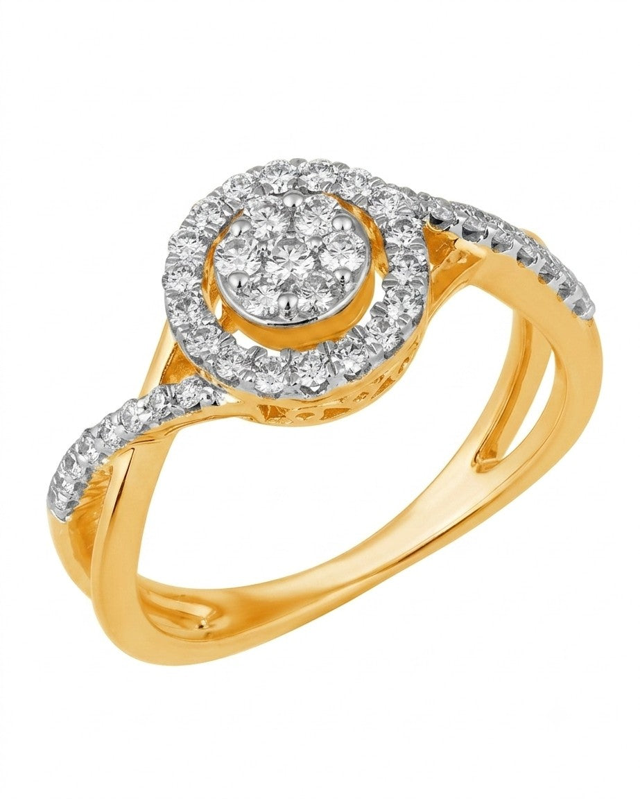 A yellow gold ring featuring a round diamond cluster with a halo design, shown on a plain white background.