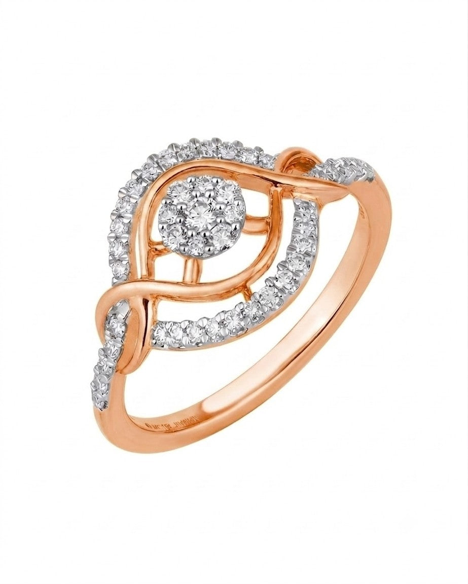 A rose gold ring with a floral design, featuring a central round diamond cluster, shown on a plain white background.