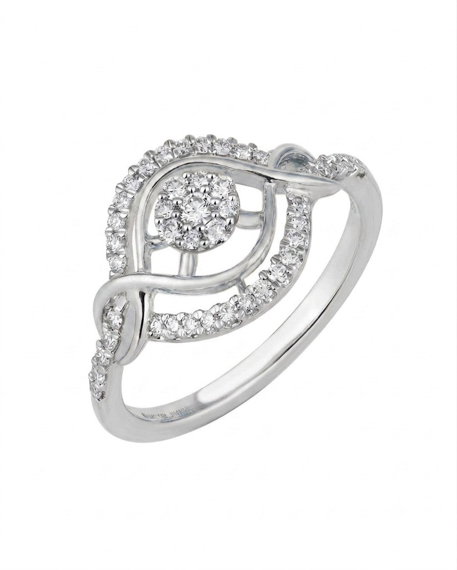 A white gold ring with a floral design, featuring a central round diamond cluster, shown on a plain white background.
