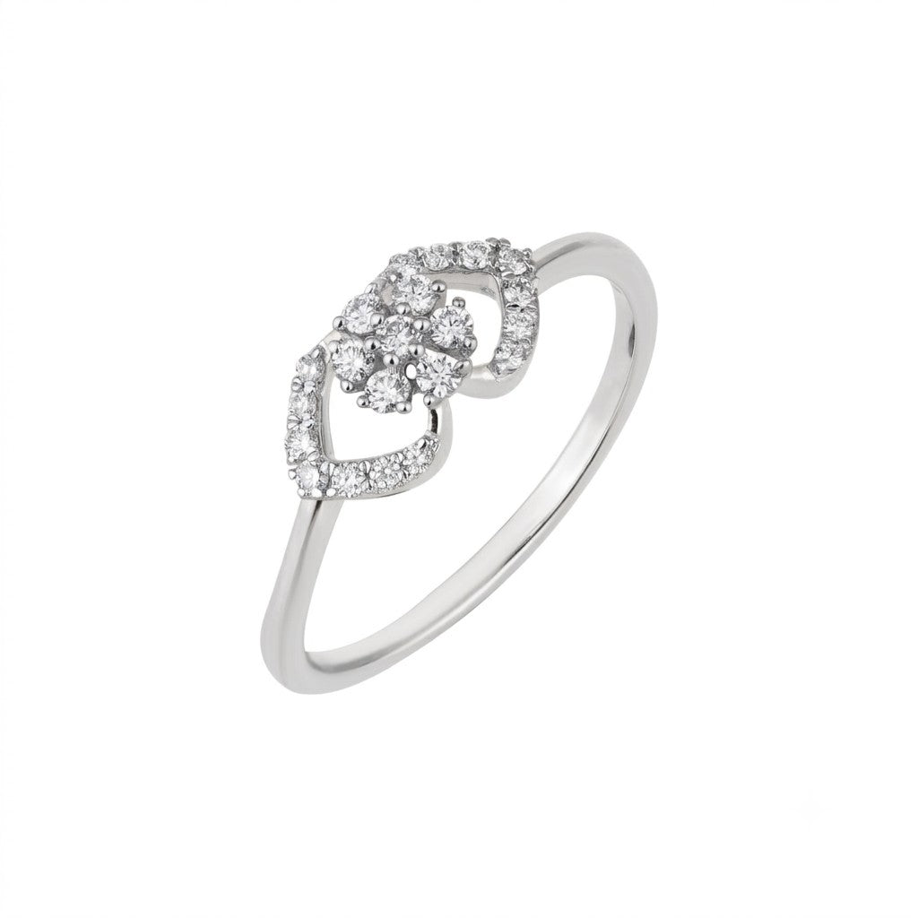 A white gold ring featuring a floral design cluster at the center, shown on a plain white background.