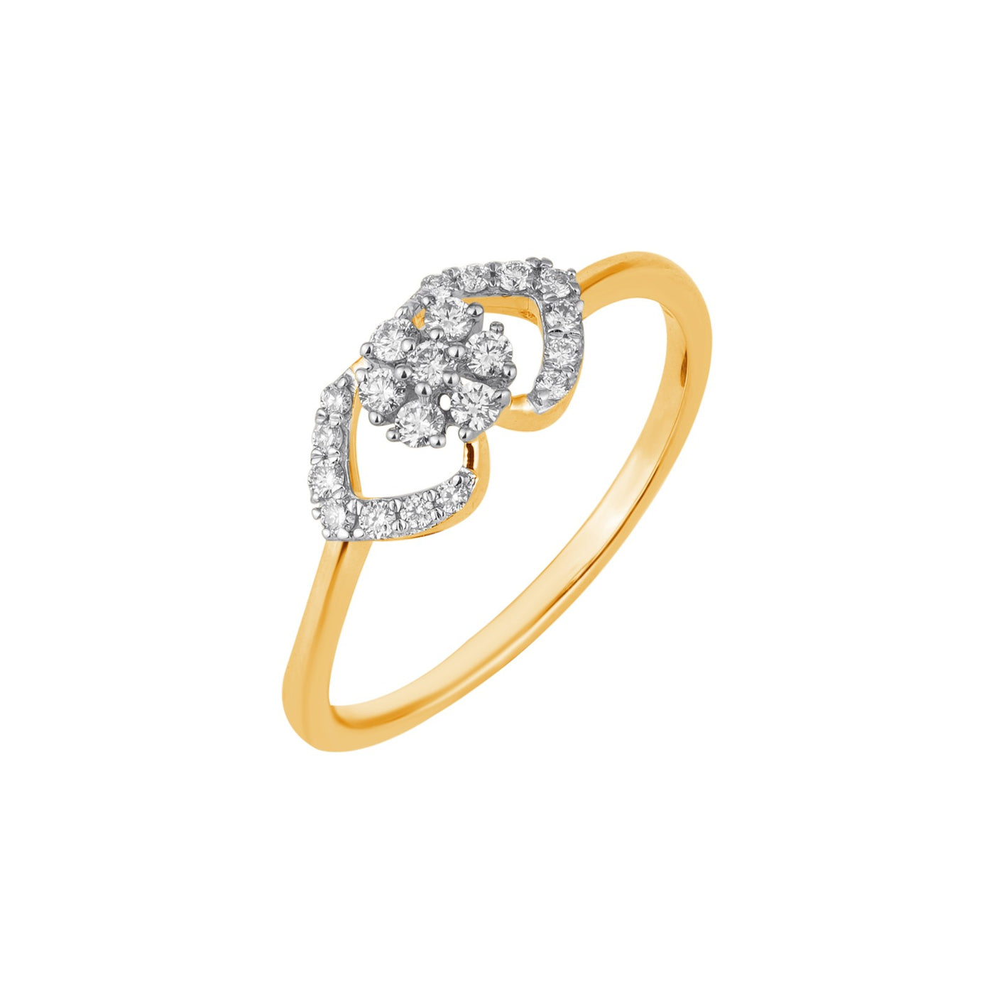 A yellow gold ring featuring a floral design cluster at the center, shown on a plain white background.