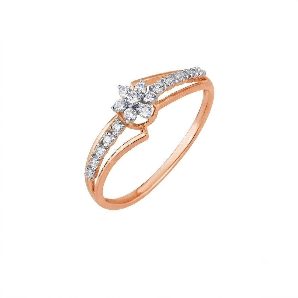 A rose gold ring featuring a central floral-shaped cluster, shown on a plain white background.