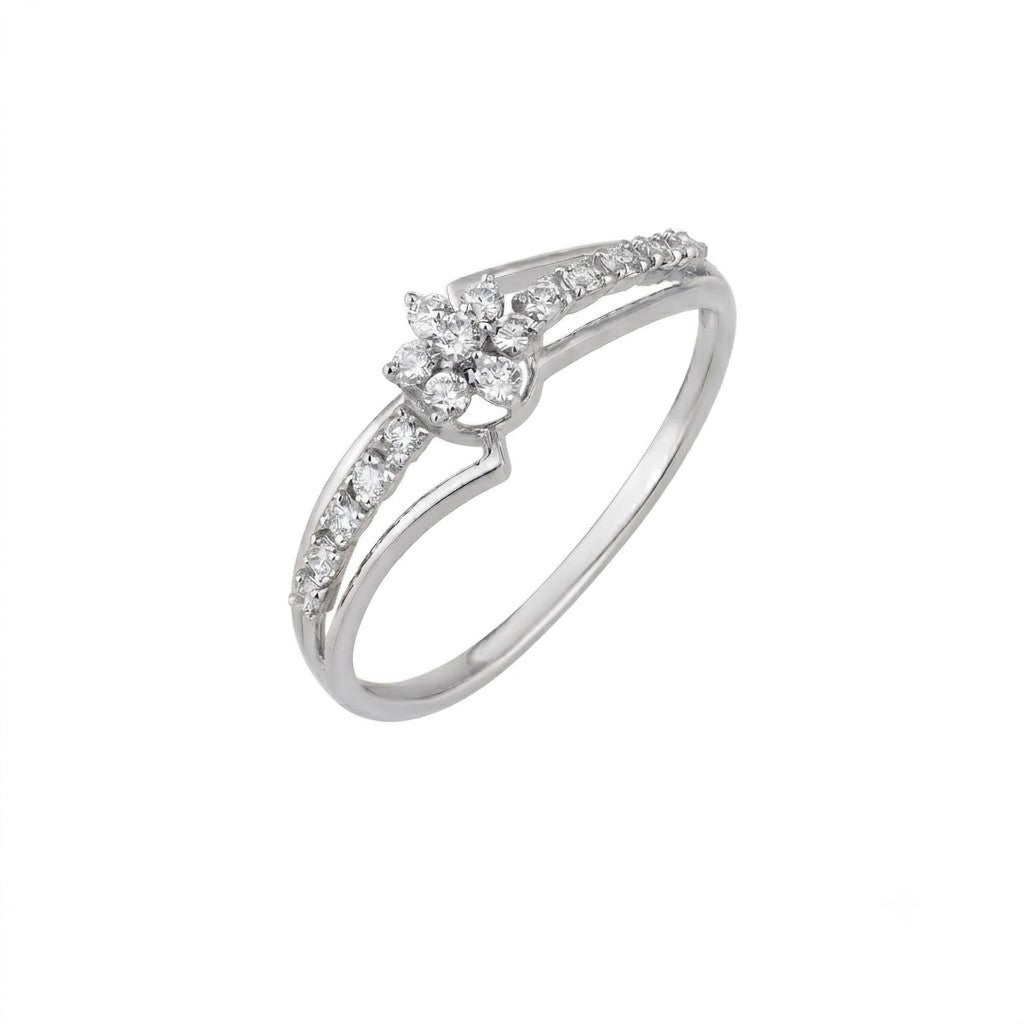 A white gold ring featuring a central floral-shaped cluster, shown on a plain white background.