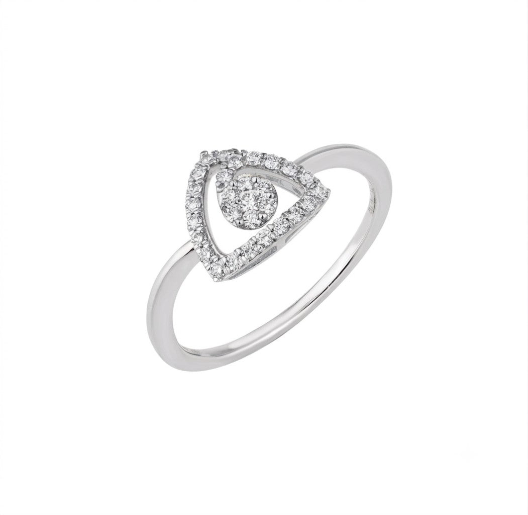 White gold and diamond with center cluster setting on a white background.