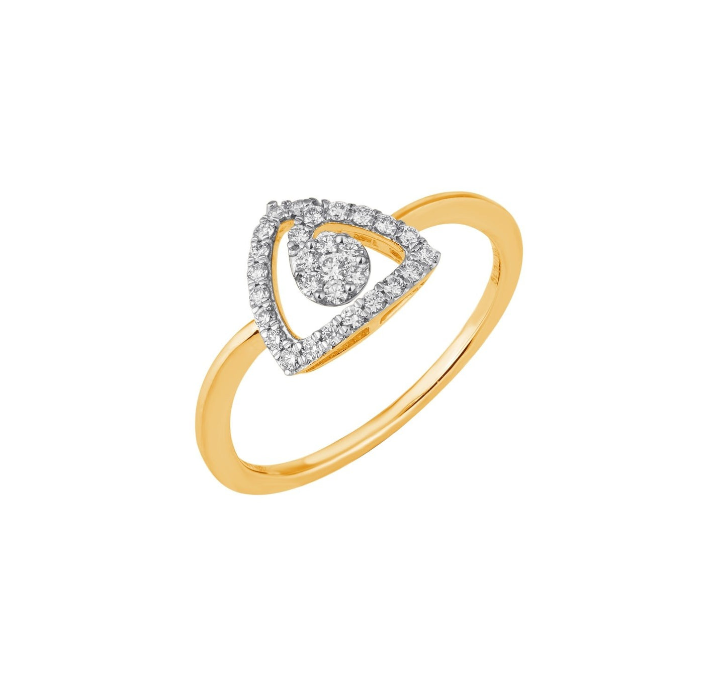 Yellow gold and diamond with center cluster setting on a white background.