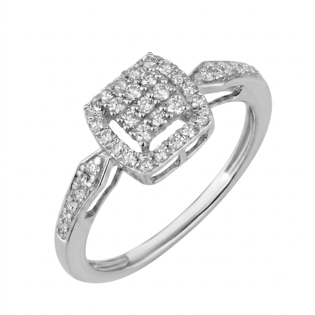 A white gold ring featuring a square-shaped pavé diamond cluster with a halo design, shown on a plain white background.