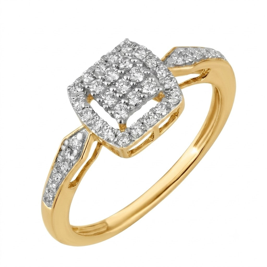 A yellow gold ring featuring a square-shaped pavé diamond cluster with a halo design, shown on a plain white background.
