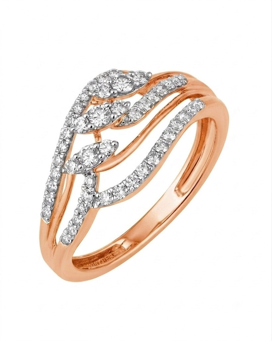 A rose gold ring with a multi-band design featuring pavé-set clear stones, shown on a plain white background.