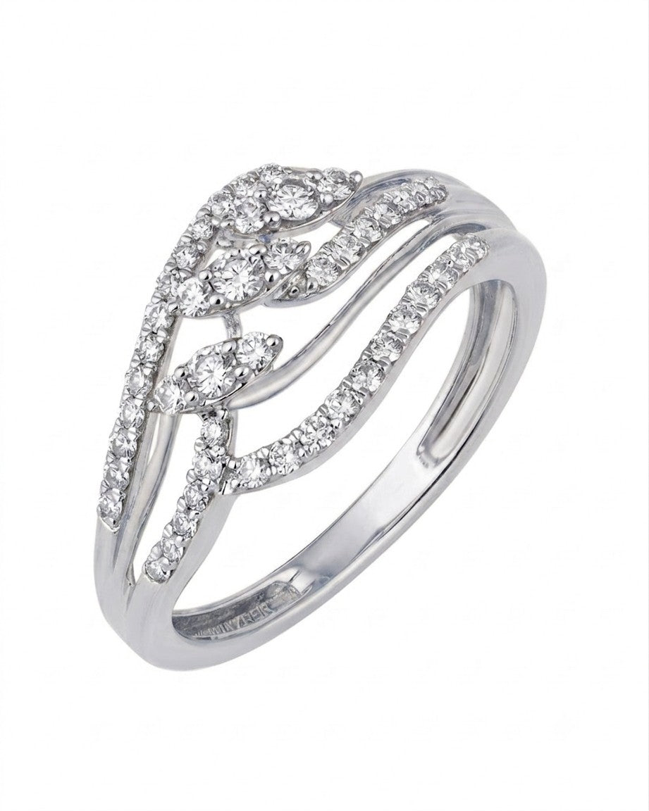 A white gold ring with a multi-band design featuring pavé-set clear stones, shown on a plain white background.