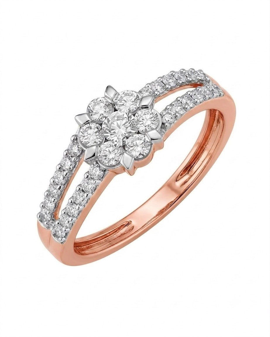A rose gold ring with a diamond cluster centerpiece, shown on a plain white background.