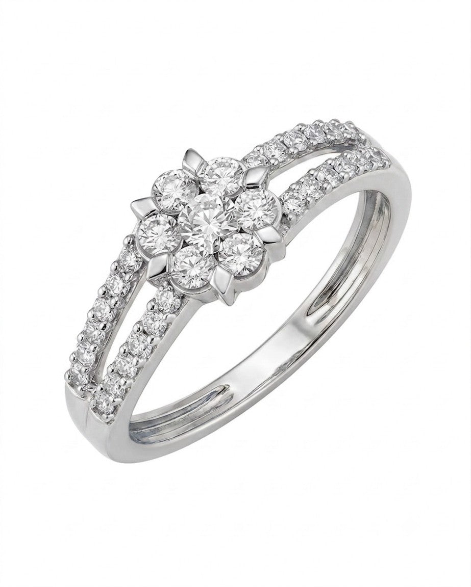 A white gold ring with a diamond cluster centerpiece, shown on a plain white background.