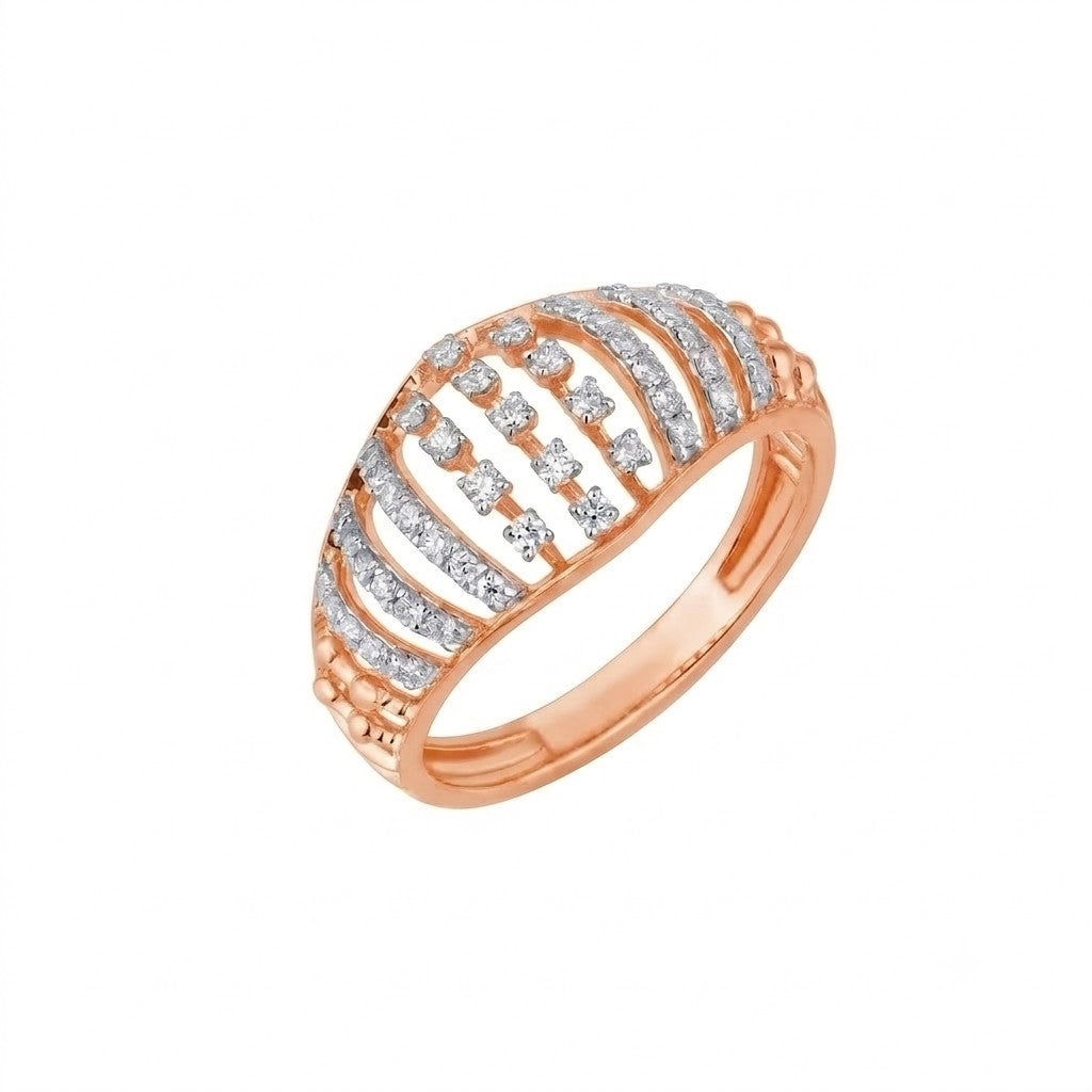 A rose gold ring featuring multiple curved rows,  set against a plain white background.