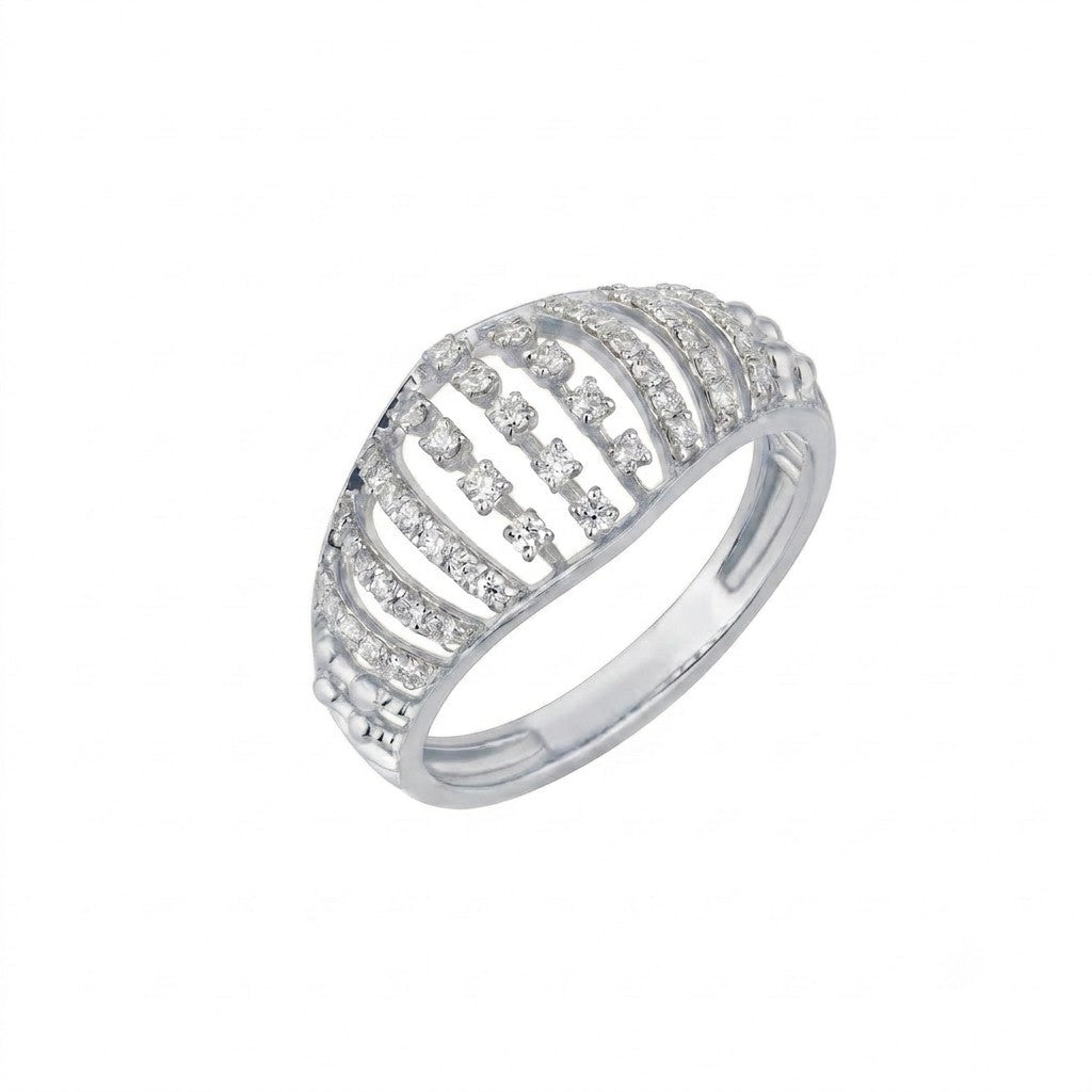 A white gold ring featuring multiple curved rows,  set against a plain white background.