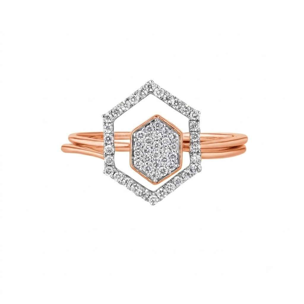 Rose gold and diamond with Hexagon-shaped cluster setting on a white background.
