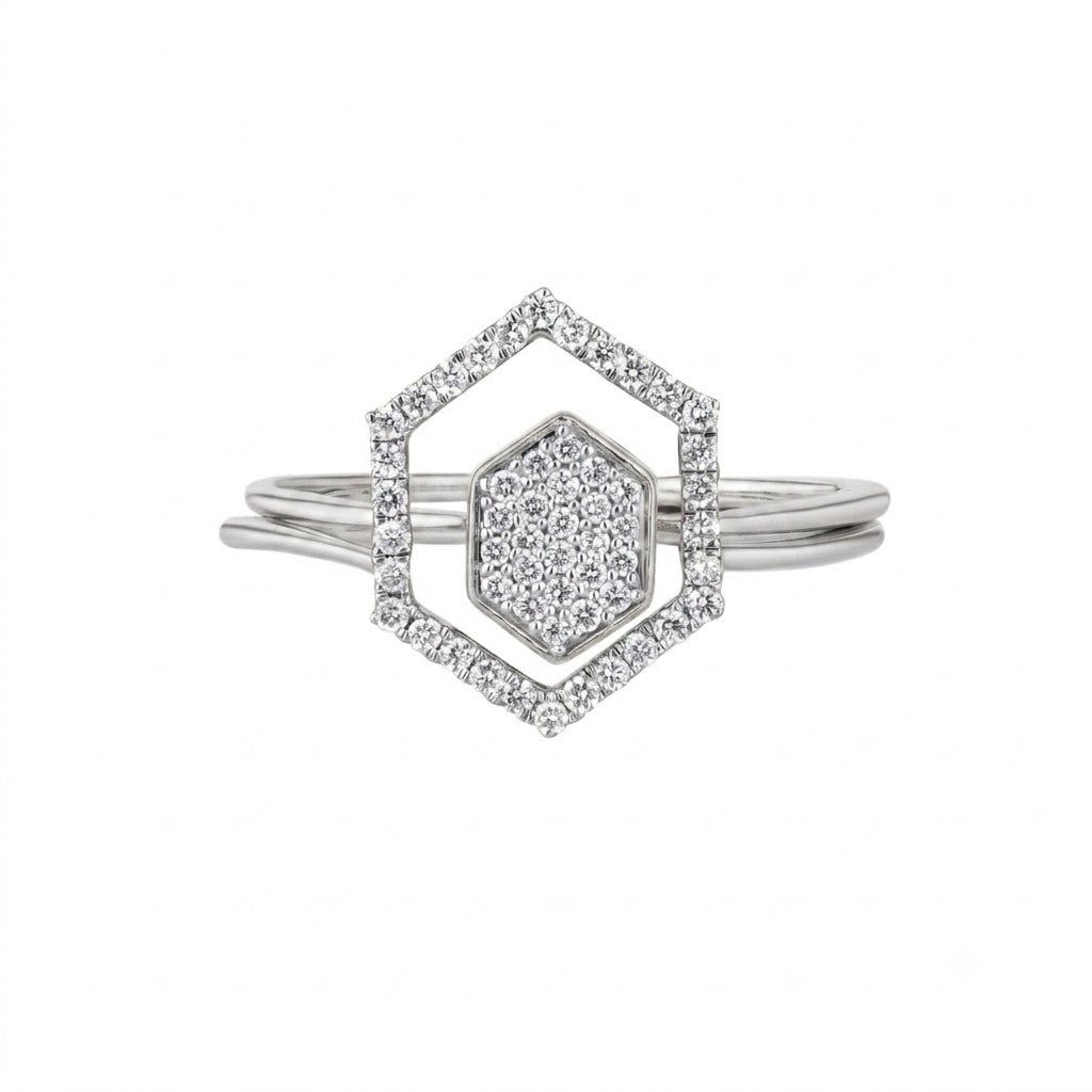 White gold and diamond with Hexagon-shaped cluster setting on a white background.